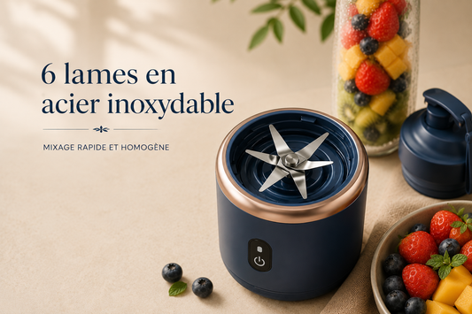Blender Portable Rechargeable USB-C – 6 Lames Inox | Smoothies et Jus Frais | Umévia