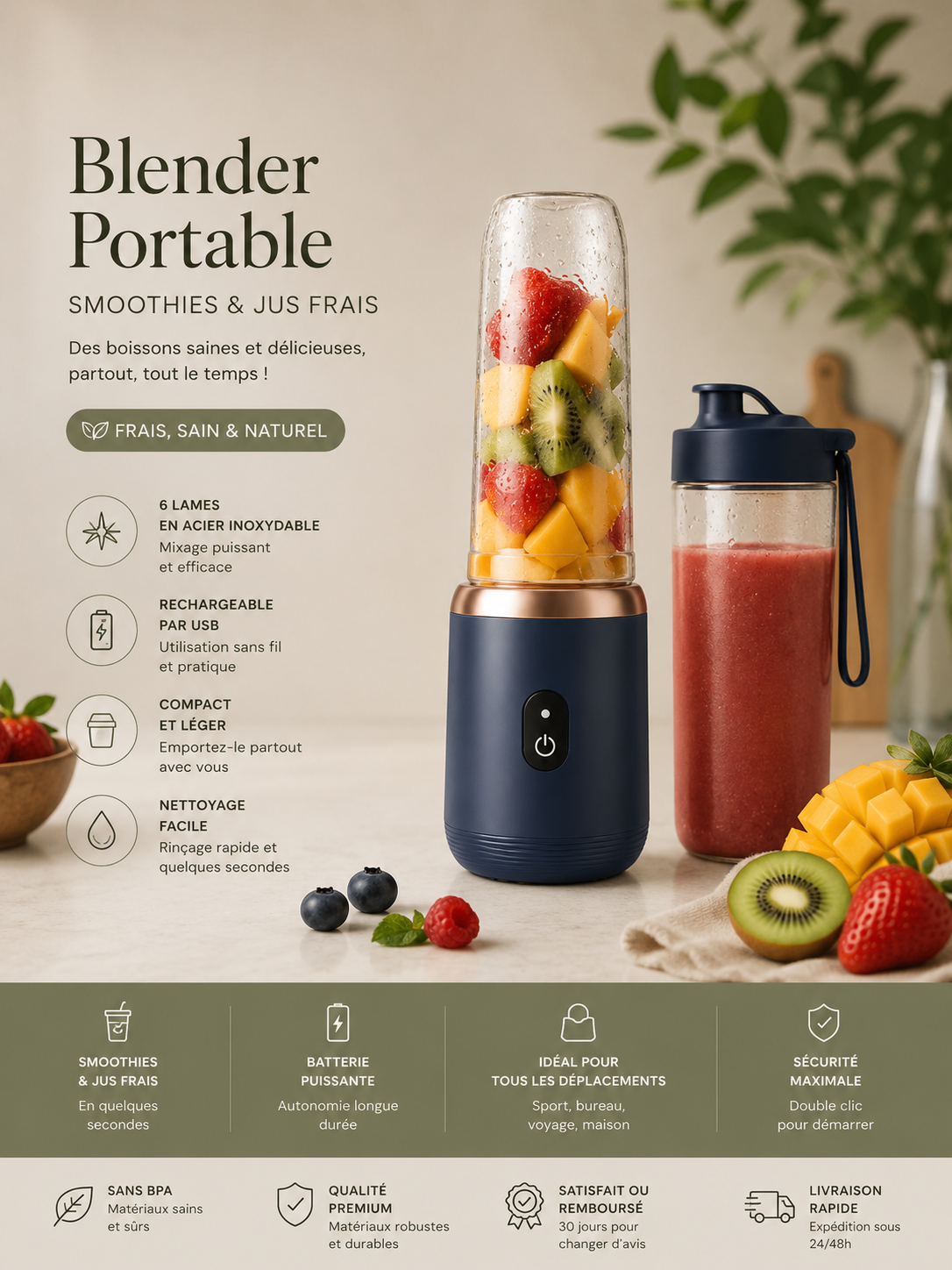 Blender Portable Rechargeable USB-C – 6 Lames Inox | Smoothies et Jus Frais | Umévia