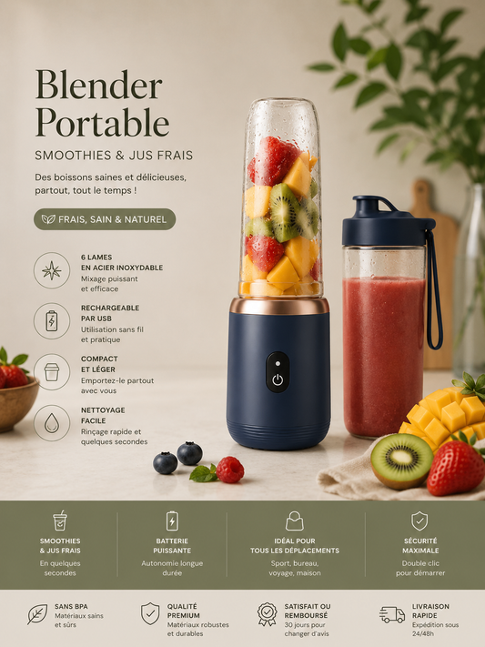 Blender Portable Rechargeable USB-C – 6 Lames Inox | Smoothies et Jus Frais | Umévia
