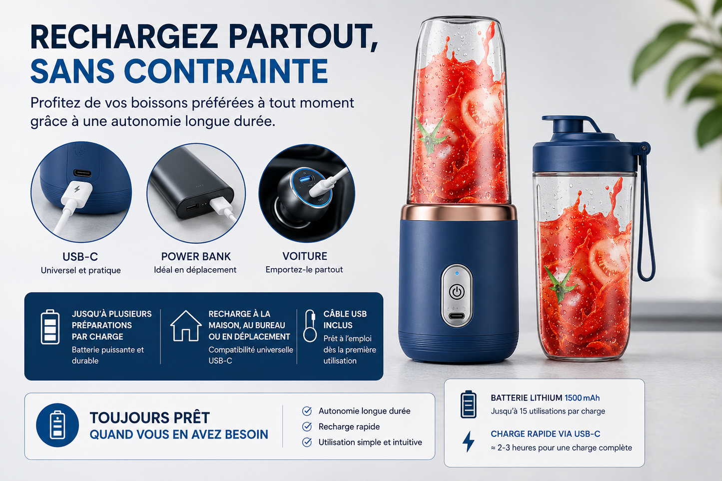 Blender Portable Rechargeable USB-C – 6 Lames Inox | Smoothies et Jus Frais | Umévia