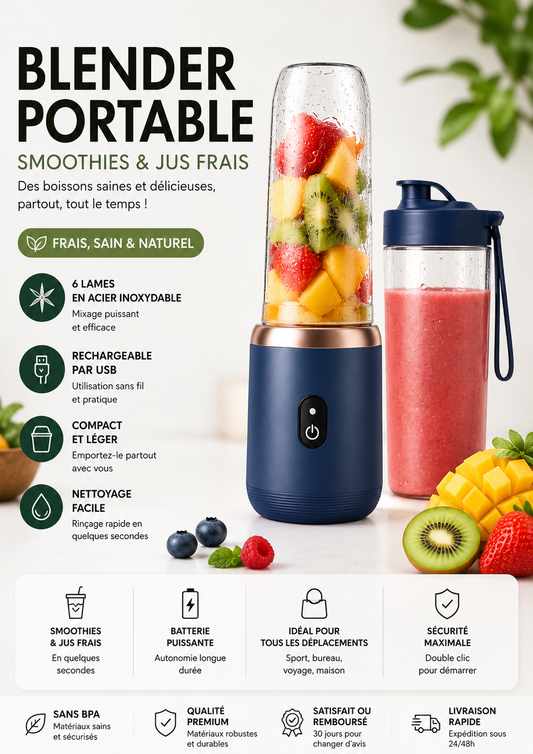 Blender Portable Rechargeable USB-C – 6 Lames Inox | Smoothies et Jus Frais | Umévia