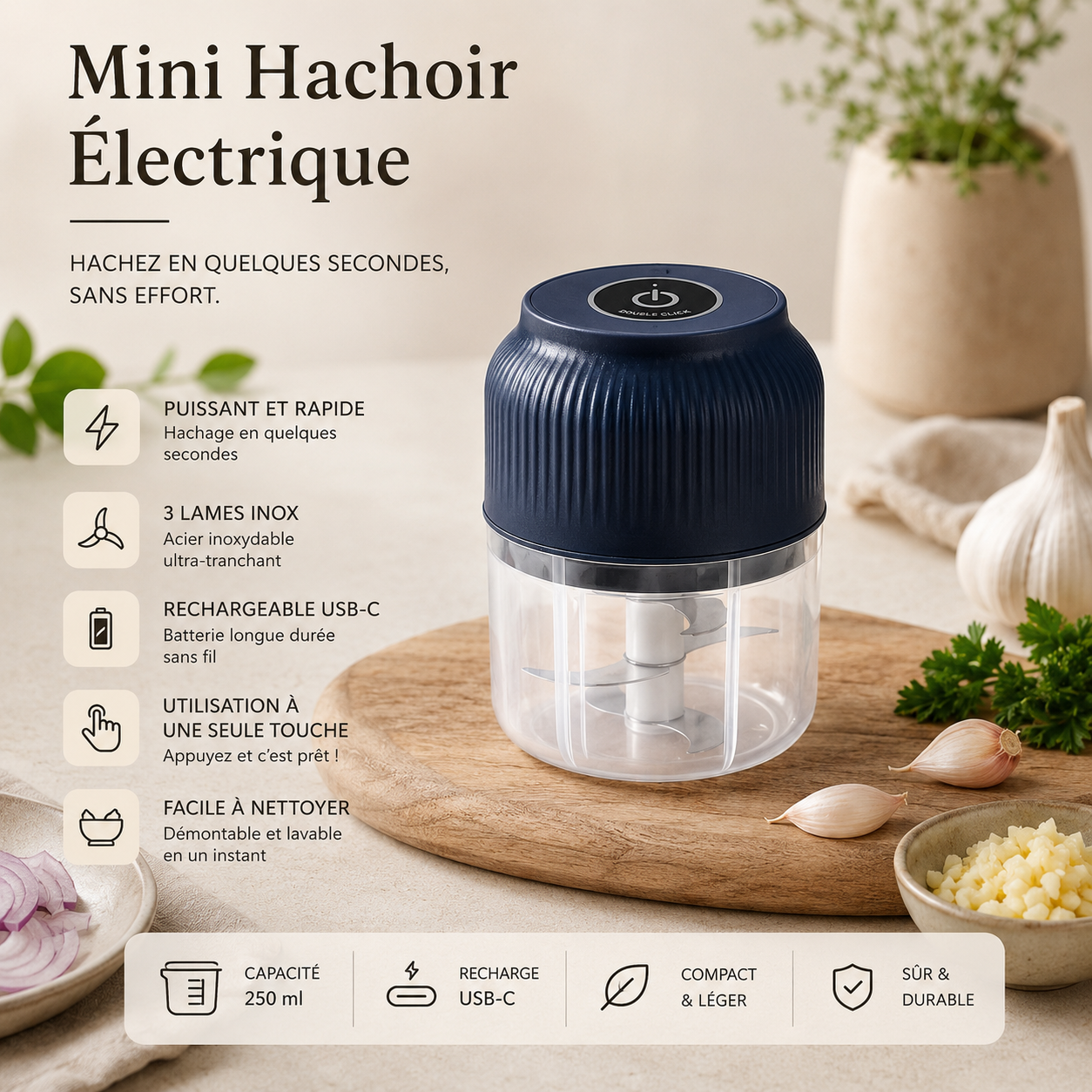 Mini Hachoir Électrique Rechargeable USB-C | 250 ml