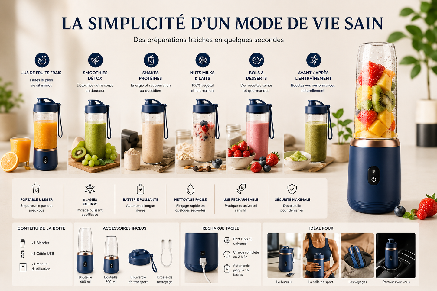 Blender Portable Rechargeable USB-C – 6 Lames Inox | Smoothies et Jus Frais | Umévia
