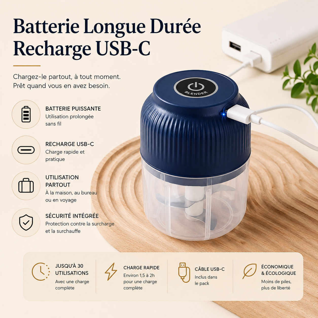 Mini Hachoir Électrique Rechargeable USB-C | 250 ml