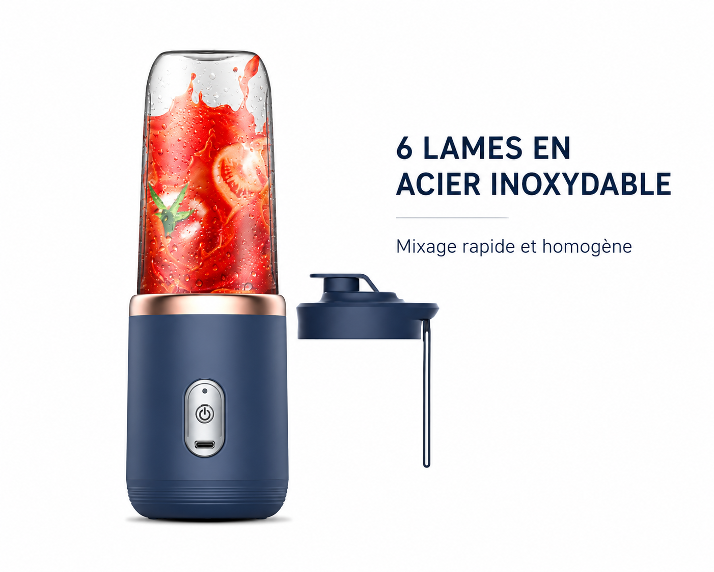 Blender Portable Rechargeable USB-C – 6 Lames Inox | Smoothies et Jus Frais | Umévia