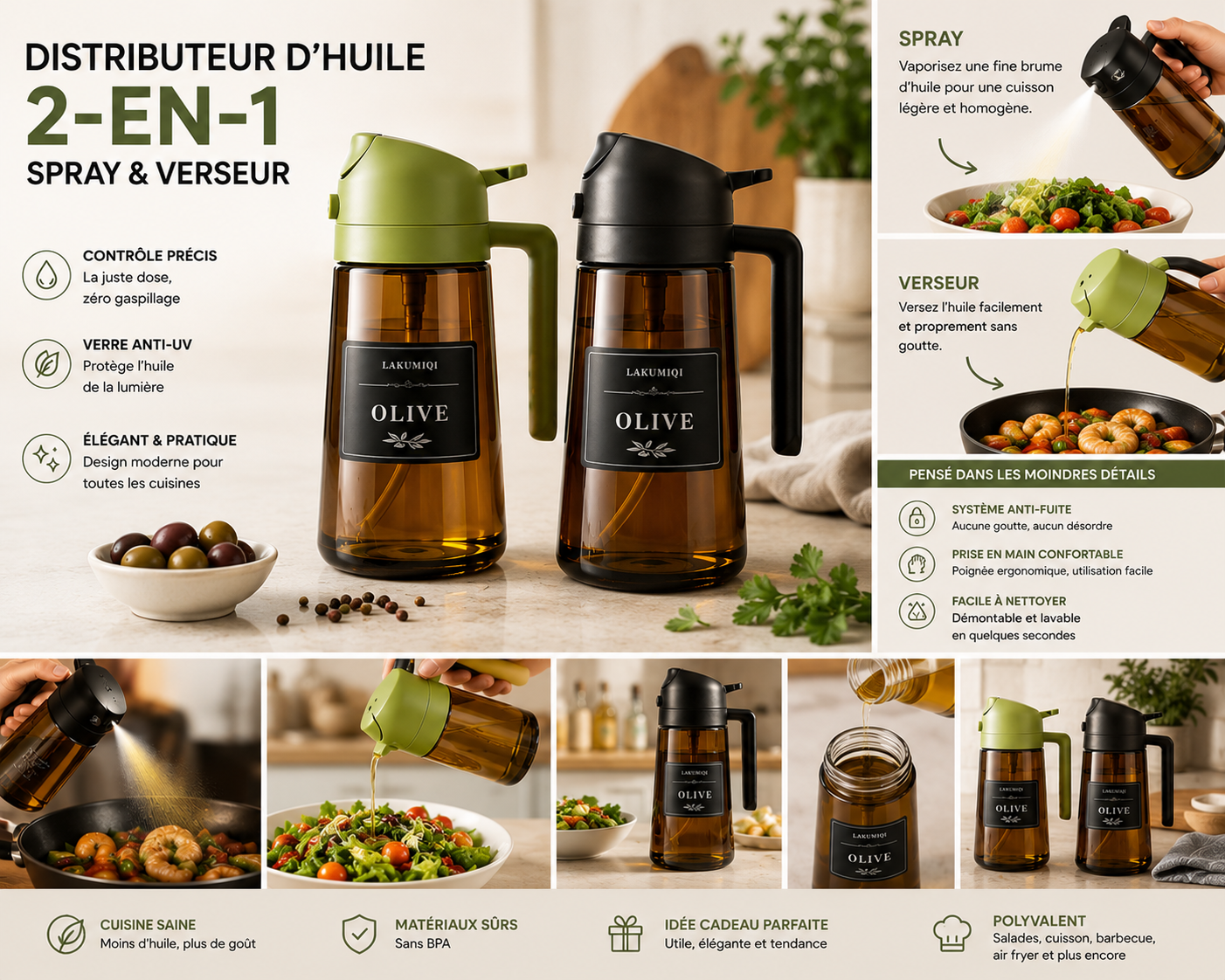 Distributeur d'Huile 2-en-1 Spray & Verseur