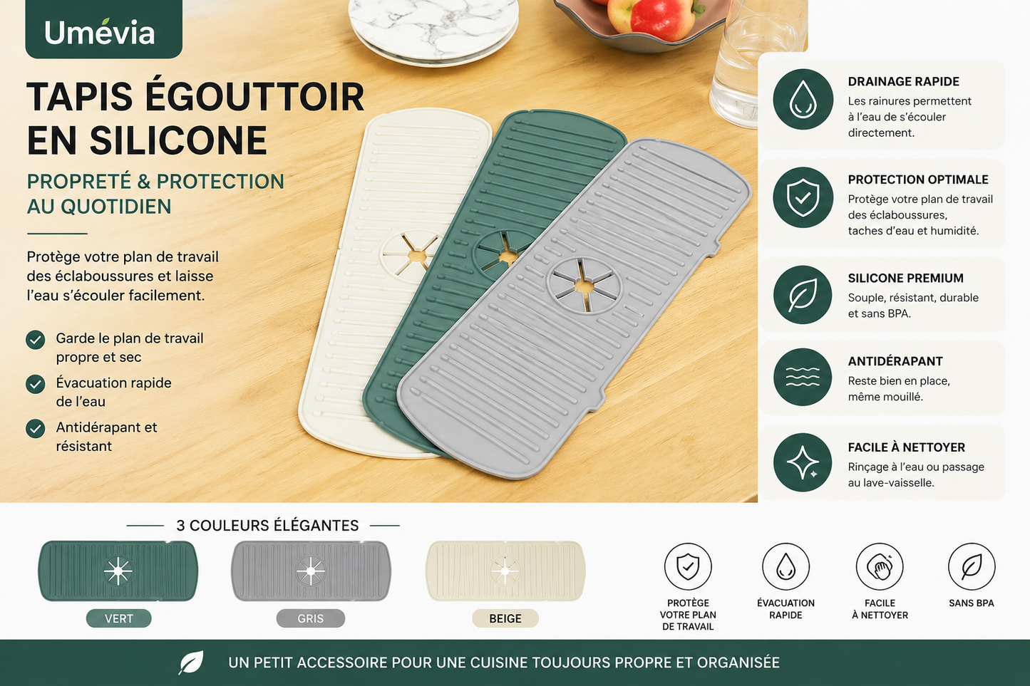 Tapis Égouttoir de Robinet en Silicone – Protection Anti-Éclaboussures pour Évier de Cuisine et Salle de Bain