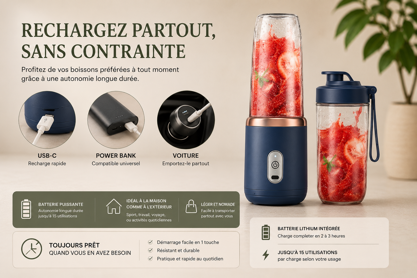 Blender Portable Rechargeable USB-C – 6 Lames Inox | Smoothies et Jus Frais | Umévia