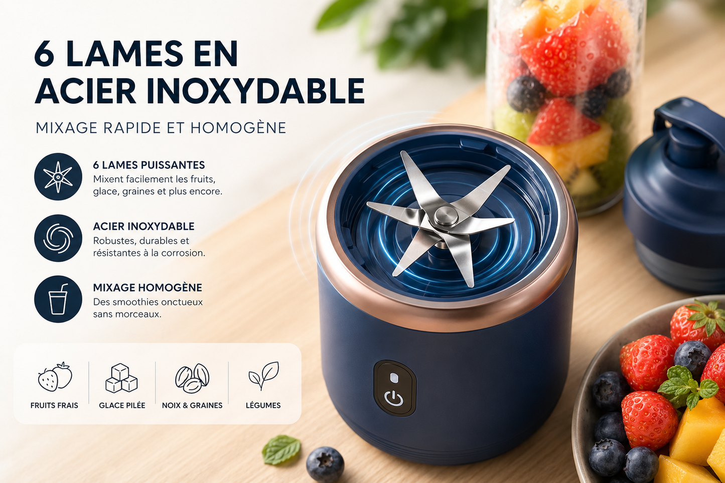 Blender Portable Rechargeable USB-C – 6 Lames Inox | Smoothies et Jus Frais | Umévia