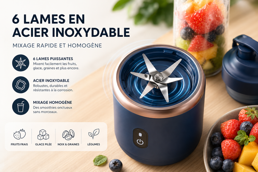 Blender Portable Rechargeable USB-C – 6 Lames Inox | Smoothies et Jus Frais | Umévia