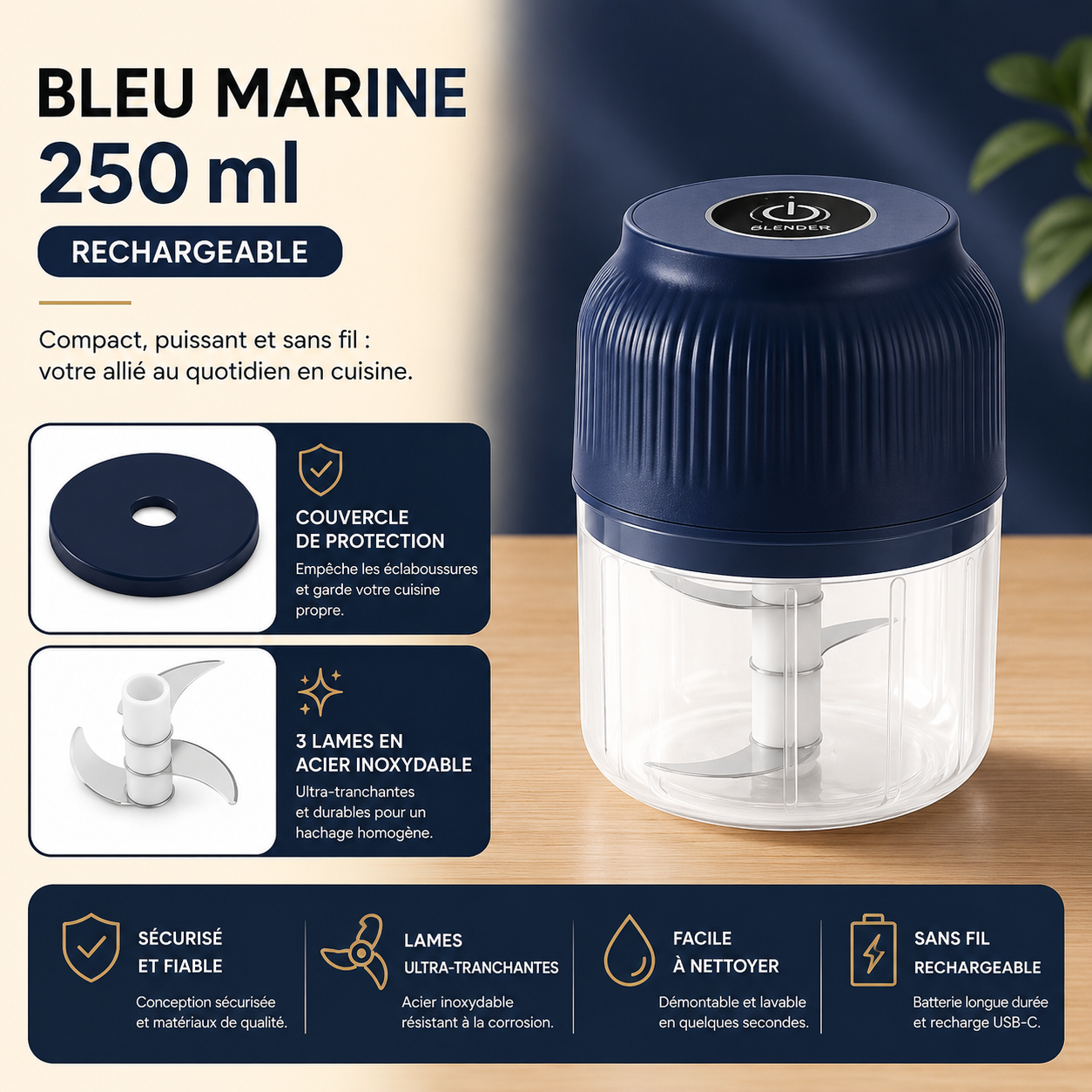 Mini Hachoir Électrique Rechargeable USB-C | 250 ml