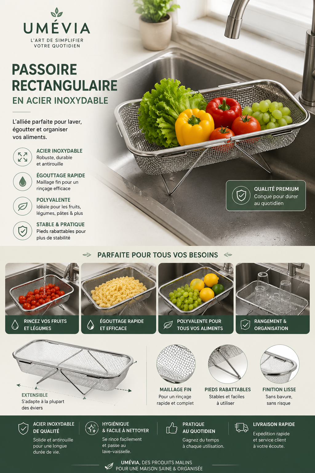 Passoire Extensible en Acier Inoxydable pour Évier – Égouttoir Télescopique Multifonction | Umévia