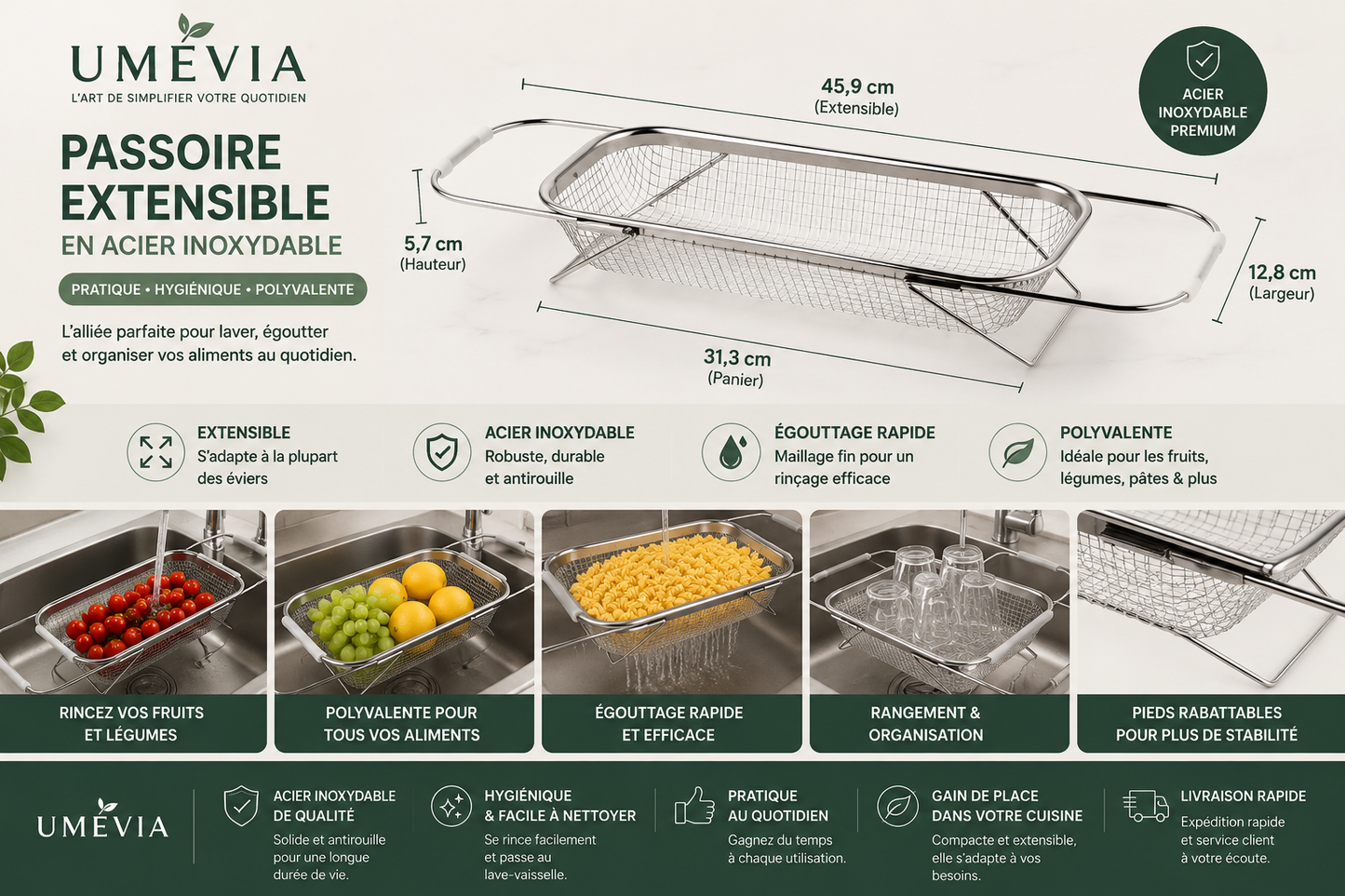 Passoire Extensible en Acier Inoxydable pour Évier – Égouttoir Télescopique Multifonction | Umévia