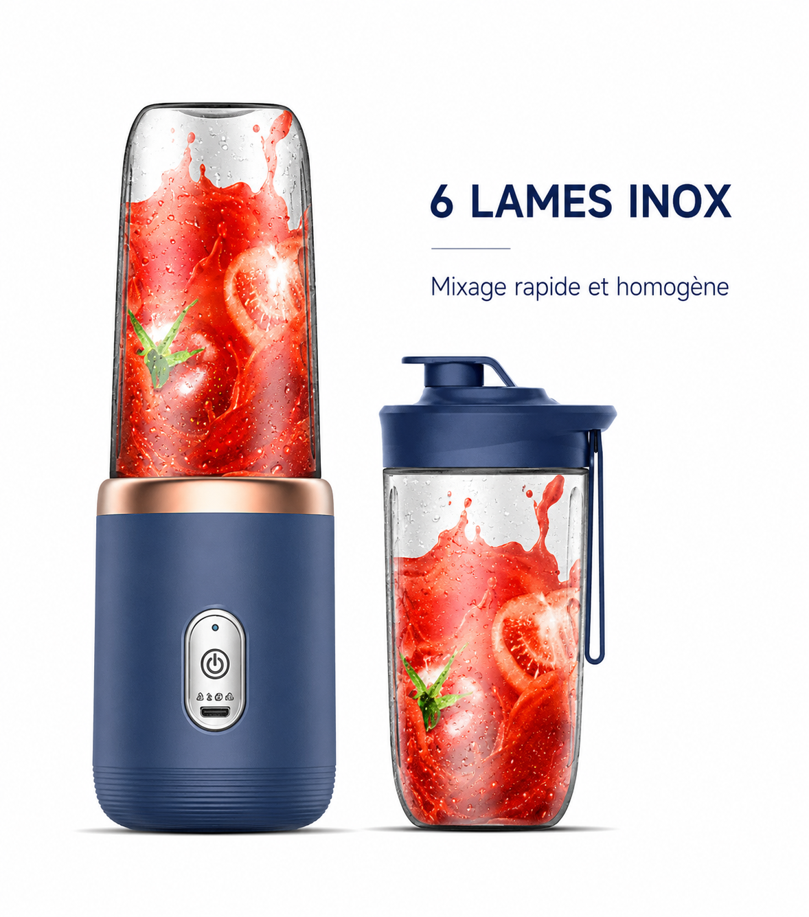 Blender Portable Rechargeable USB-C – 6 Lames Inox | Smoothies et Jus Frais | Umévia